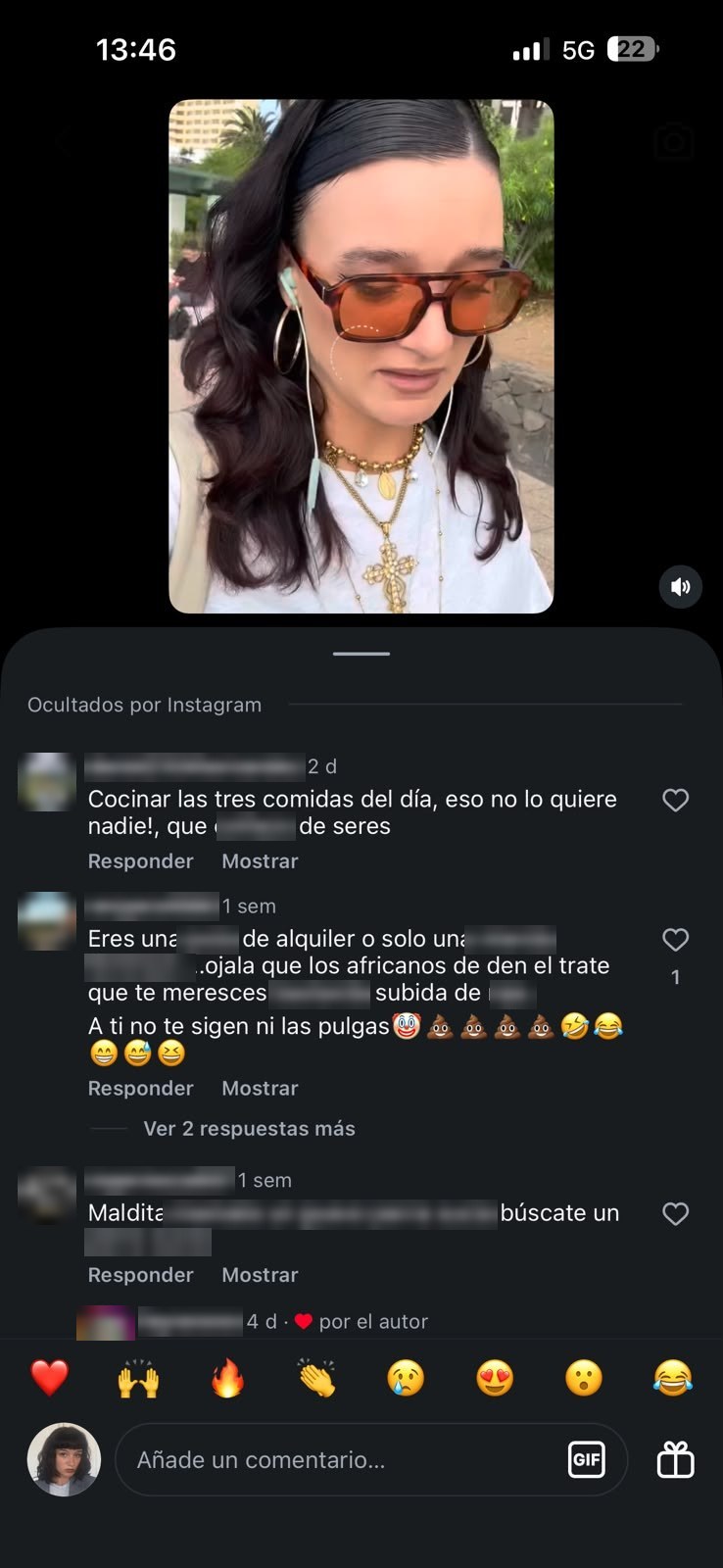 Captura de un vídeo en Instagram con comentarios de odio, con nombres e insultos difuminados